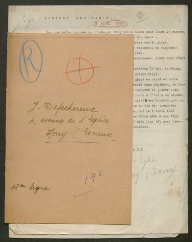 Témoignage de Deféchereux, J. et correspondance avec Jacques Péricard
