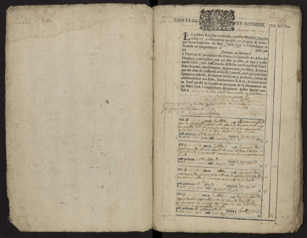 Contrôle des actes du bureau d'Airaines pour la période du 4 juillet 1710 au 13 octobre 1712