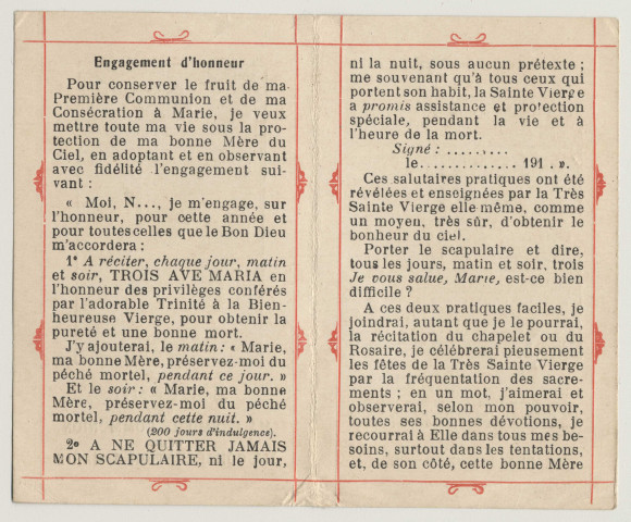 Souvenir de ma première communion et de ma consécration à Marie. Deux communiants. Engagement d'honneur
