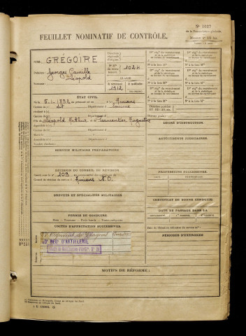 Grégoire, Georges Camille Léopold, né le 05 janvier 1892 à Amiens (Somme), classe 1912, matricule n° 1024, Bureau de recrutement d'Amiens