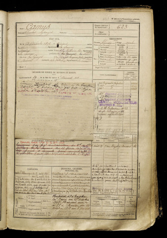 Camus, Charles Georges, né le 13 décembre 1896 à Amiens (Somme), classe 1916, matricule n° 623, Bureau de recrutement d'Amiens