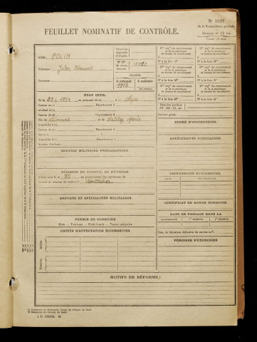 Polin, Jules Edouard, né le 29 avril 1893 à Noyon (Oise), classe 1913, matricule n° 1010, Bureau de recrutement de Péronne