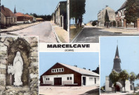 Panorama de vues du village : la salle des fêtes, l'église, la chapelle de la Vierge