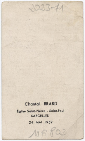 Souvenir de communion de Chantal Brard, église de Saint-Pierre à Sarcelles, le 24 mai 1959