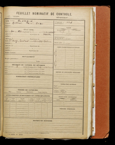 Blondin, Arthur Saint Ange, né le 20 avril 1897 à Hallencourt (Somme), classe 1917, matricule n° 441, Bureau de recrutement d'Abbeville