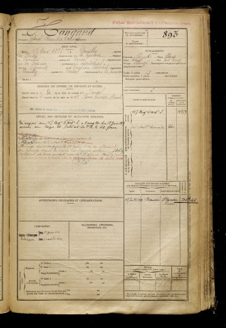 Hangard, Gabriel Alexandre Hippolyte, né le 17 mars 1898 à Poeuilly (Somme), classe 1918, matricule n° 893, Bureau de recrutement de Péronne