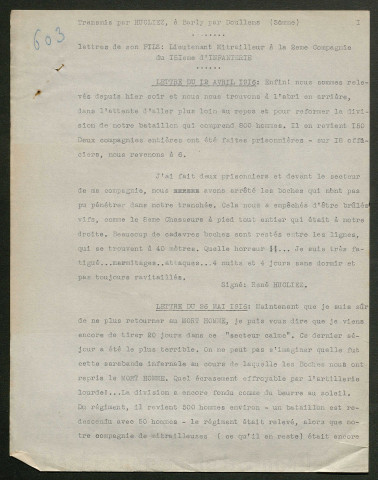 Témoignage de Hucliez, René (Lieutenant) et correspondance avec Jacques Péricard
