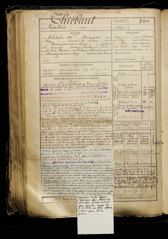 Thiébaut, Louis Désiré, né le 13 septembre 1889 à Beuvraignes (Somme), classe 1909, matricule n° 340, Bureau de recrutement de Péronne
