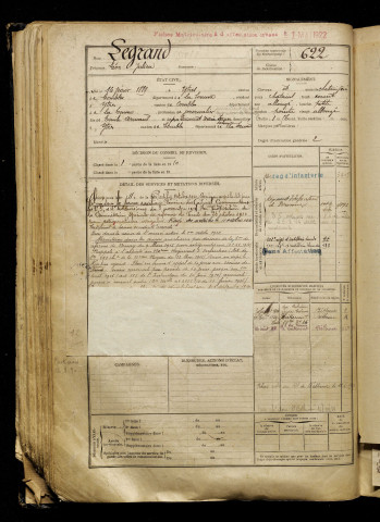 Legrand, Léon Julien, né le 16 février 1889 à Ytres (Pas-de-Calais), classe 1909, matricule n° 622, Bureau de recrutement de Péronne