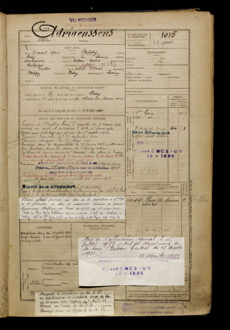 Adriaenssens, Kléber, né le 17 avril 1900 à Cappy (Somme), classe 1920, matricule n° 1015, Bureau de recrutement de Péronne