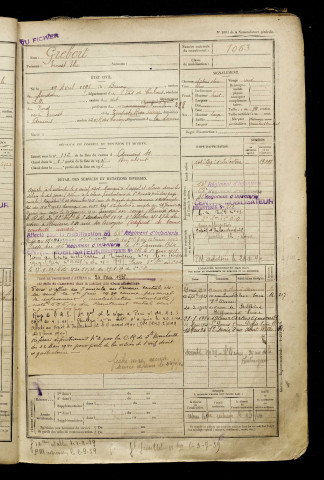 Grebert, Ernest Elie, né le 19 avril 1896 à Bruay-la-Buissière (Pas-de-Calais), classe 1916, matricule n° 1063, Bureau de recrutement d'Amiens