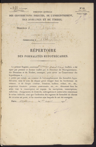 Répertoire des formalités hypothécaires, du 30/01/1929 au 09/04/1929, registre n° 471 (Abbeville)