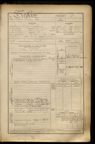 Tabart, Adolphe Gustave, né le 29 novembre 1865 à Authieule (Somme), classe 1885, matricule n° 67, Bureau de recrutement d'Abbeville