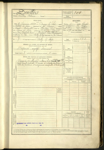 Devillers, Emilien Adrien, né le 9 janvier 1862 à Quiry-le-Sec (Somme, France), classe 1882, matricule n° 104, Bureau de recrutement de Péronne