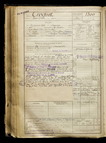 Croquet, René Clovis, né le 20 janvier 1900 à Amiens (Somme), classe 1920, matricule n° 1300, Bureau de recrutement d'Amiens