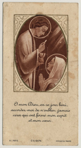 Ô mon Dieu, en ce jour béni, accordez-moi de n'oublier jamais ceux qui ont formé mon esprit et mon coeur. Souvenir de première communion J. Leleu, 13 juin 1943. Christiane Sénéchal