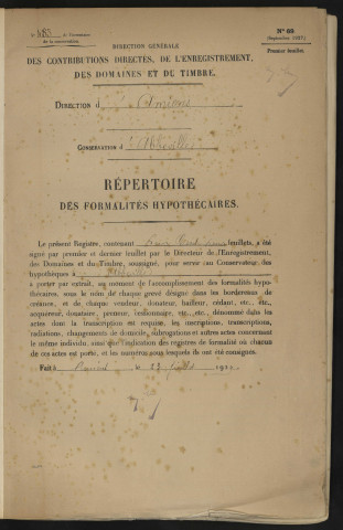 Répertoire des formalités hypothécaires, du 15/05/1931 au 30/07/1931, registre n° 483 (Abbeville)
