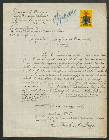 Témoignage de Bacquet, Jean et correspondance avec Jacques Péricard