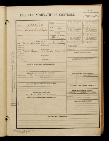 Barbier, Fernand Lucien Charles, né le 26 février 1893 à Translay (Le) (Somme), classe 1913, matricule n° 532, Bureau de recrutement d'Abbeville