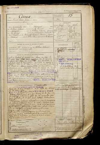 Caux, Marcel Pierre Jean, né le 26 novembre 1900 à Airaines (Somme), classe 1920, matricule n° 15, Bureau de recrutement d'Amiens