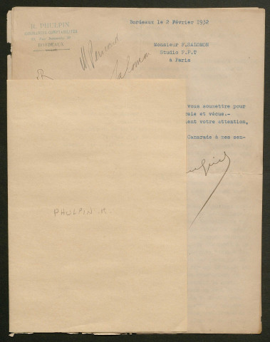 Témoignage de Phulpin, R. et correspondance avec Jacques Péricard