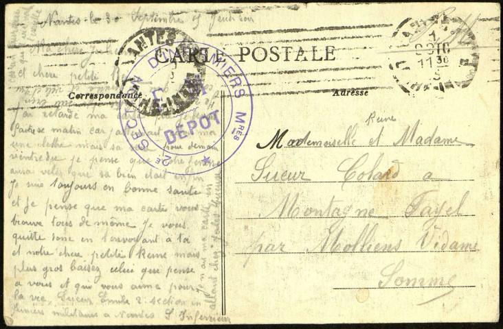 Carte postale "Bonjour de Nantes" adressée par Emile Sueur (1886-1948) à Julienne Colard (1887-1974) et sa fille Reine