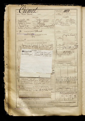 Crimet, Léon Edouard, né le 04 août 1883 à Fontaine-sur-Somme (Somme), classe 1903, matricule n° 1054, Bureau de recrutement d'Abbeville