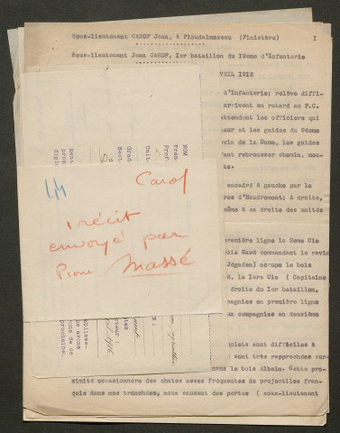 Témoignage de Carof, Jean (Sous-lieutenant) et correspondance avec Jacques Péricard