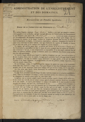 Répertoire des formalités hypothécaires, du 24/03/1806 au 20/11/1806, volume n° 21 (Conservation des hypothèques de Doullens)