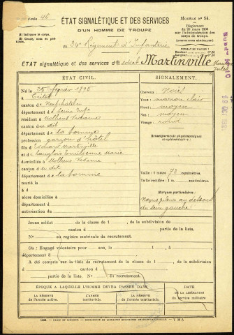 Martinville, Maurice Jules, né le 25 février 1895 à Critot (Seine-Maritime), classe 1915, matricule n° 46, Bureau de recrutement d'Amiens
