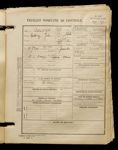 Souart, Antony Jules, né le 21 septembre 1891 à Grouches-Luchuel (Somme), classe 1911, matricule n° 122, Bureau de recrutement d'Abbeville