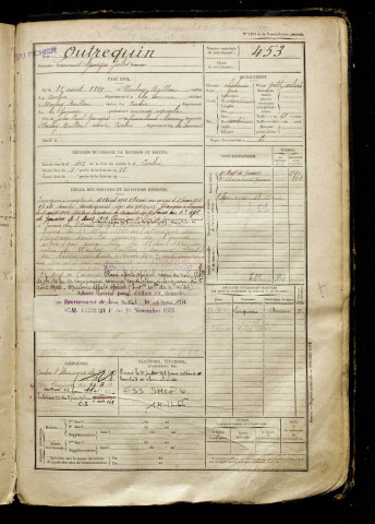 Outrequin, Laurent Georges Jules, né le 31 août 1899 à Warloy-Baillon (Somme), classe 1919, matricule n° 453, Bureau de recrutement d'Amiens