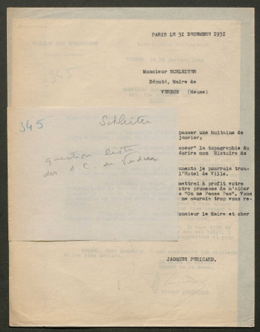 Témoignage de Schleiter (Député, maire de Verdun) et correspondance avec Jacques Péricard