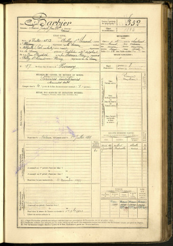 Barbier, Marie Joseph Jean Baptiste, né le 09 juillet 1863 à Belloy-Saint-Léonard (Somme, France), classe 1883, matricule n° 352, Bureau de recrutement d'Amiens