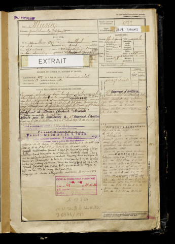 Musin, Jean Edmond Marie Joseph Cornil, né le 15 mars 1897 à Bailleul (Nord), classe 1917, matricule n° 977, Bureau de recrutement d'Amiens