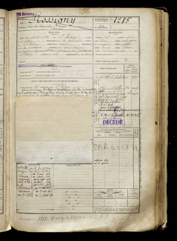 Rossigny, Charles Augustin Bernard, né le 20 août 1889 à Saint-Valery-sur-Somme (Somme), classe 1909, matricule n° 1285, Bureau de recrutement d'Abbeville