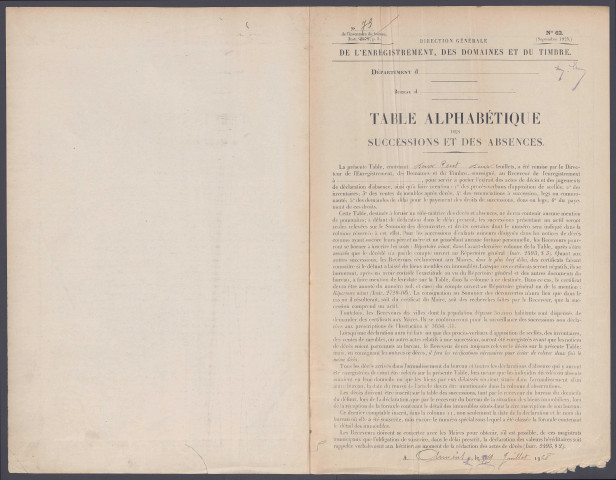 Table des successions et absences du bureau d'Amiens