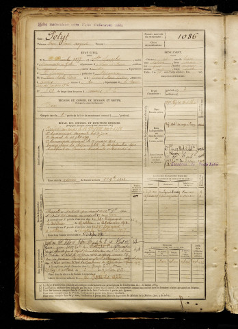 Petyt, Henri Louis Auguste, né le 05 décembre 1877 à Saint-Soupplets (Seine-et-Marne), classe 1897, matricule n° 1086, Bureau de recrutement d'Amiens
