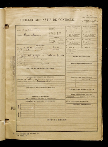 Cozette, René Maurice, né le 02 avril 1892 à Amiens (Somme), classe 1912, matricule n° 752, Bureau de recrutement d'Amiens