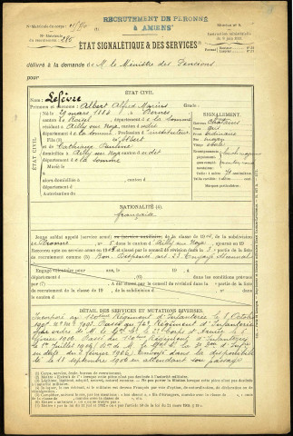 Lefèvre, Albert Alfred Marius, né le 29 mars 1884 à Bernes (Somme), classe 1904, matricule n° 285, Bureau de recrutement de Péronne