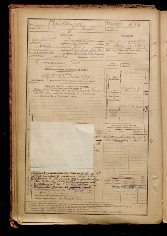 Boulanger, Désiré Irénée, né le 06 juillet 1875 à Beaucamps-le-Vieux (Somme), classe 1895, matricule n° 614, Bureau de recrutement d'Amiens