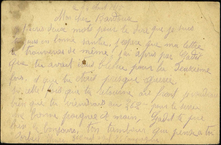 Carte de correspondance militaire adressée par Henri Corbeil (Tambour du 362 Régiment d'Infanterie) à Victor Bardoux en convalescence à l'Hôpital auxiliaire n°120 à Marseille.