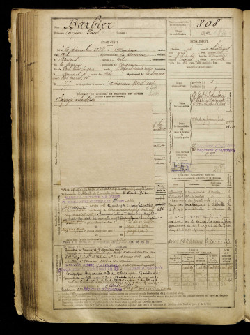 Barbier, Eugène Paul, né le 06 décembre 1884 à Amiens (Somme), classe 1904, matricule n° 808, Bureau de recrutement d'Amiens