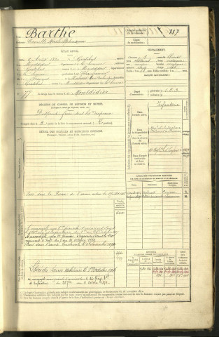 Barthe, Camille Mérile Alphonse, né le 02 août 1860 à Gratibus (Somme, France), classe 1880, matricule n° 117, Bureau de recrutement de Péronne