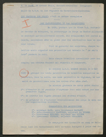 Témoignage de De Pauw, P. (Major) et correspondance avec Jacques Péricard