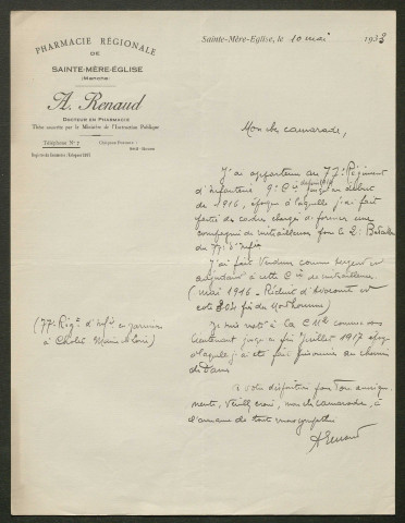 Témoignage de Renaud, Alexandre (Adjudant devenu docteur en pharmacie) et correspondance avec Jacques Péricard