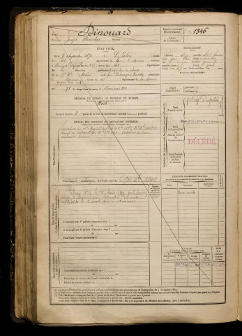 Dinouard, Joseph Stanislas, né le 09 novembre 1872 à Saint-Valery-sur-Somme (Somme), classe 1892, matricule n° 1346, Bureau de recrutement d'Amiens