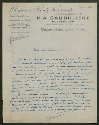 Témoignage de Gaudilière, A. (Maréchal des logis - Eclaireur) et correspondance avec Jacques Péricard