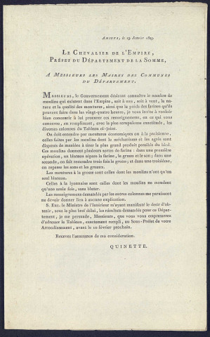 Etat des moulins à blé existant dans le département de la Somme en 1809 : tableaux et synthèses pour chaque arrondissement, fichier par commune pour l'arrondissement d'Amiens (fiches adressées par les maires)