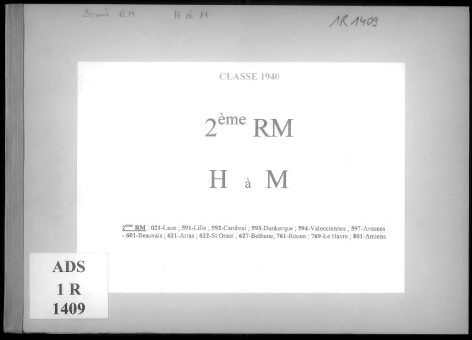 Table alphabétique du contingent 1940 - lettres H à M : bureaux de recrutement de la Deuxième Région Militaire (Départements du Nord, du Pas de Calais, de l'Aisne, de l'Oise, de la Somme, de l'Eure et de la Seine-Maritime)